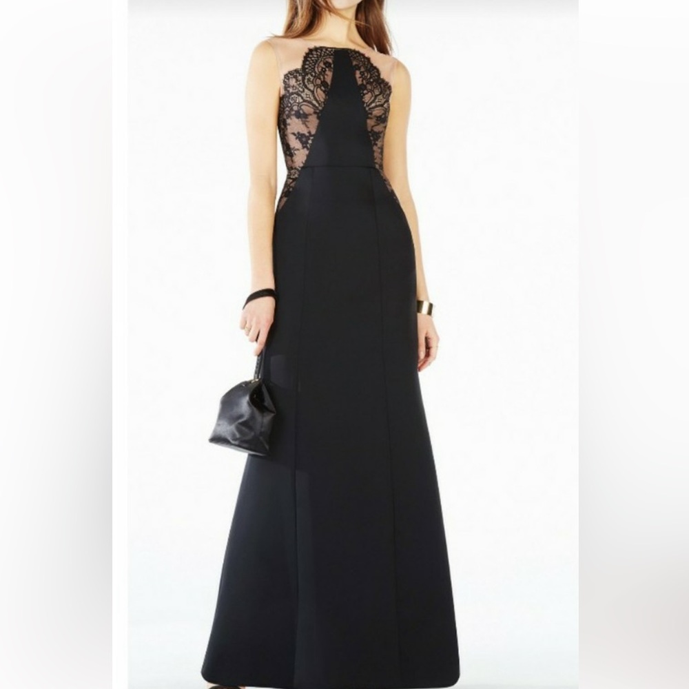 BCBGMaxAzria Lilyana Black Lace Illusion Neck Gown Size 8